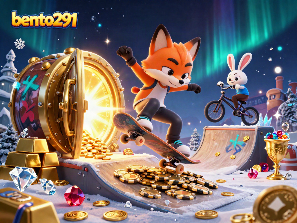 Bento291 offers an exhilarating scene with a skateboarder fox and BMX rabbit engaging in dynamic casino-themed action.