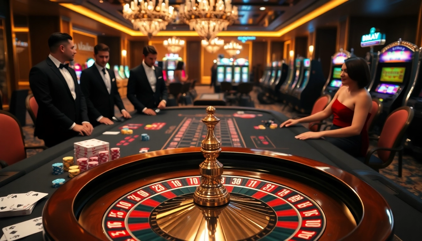 Exciting casino gaming scene with 8DAY branding, featuring poker chips and a roulette wheel.