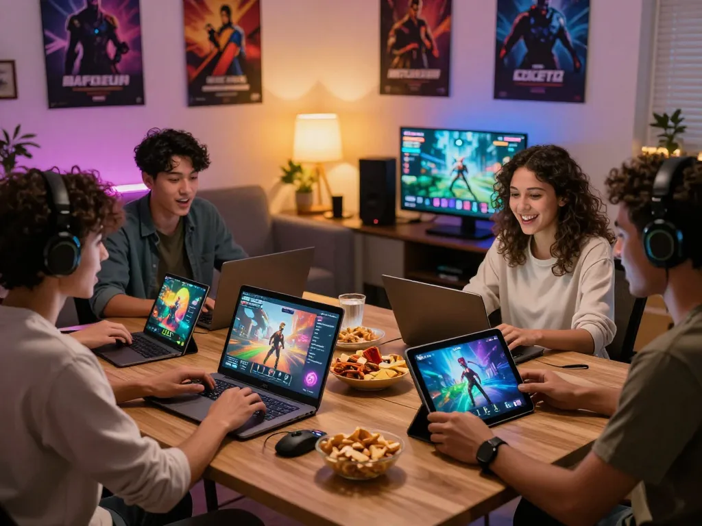 Enjoying online gaming together at https://kuwincom.net/ with friends in a cozy living room atmosphere.