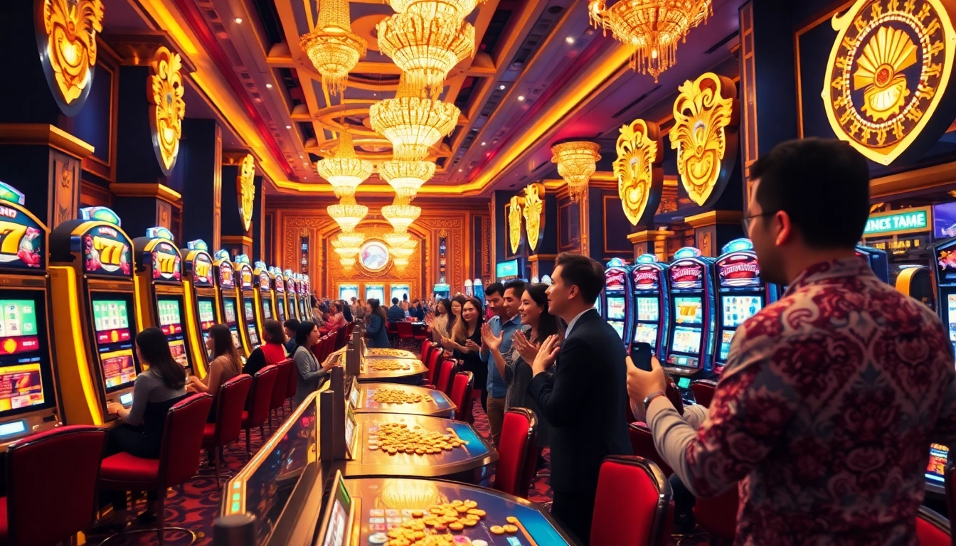 Nổ Hũ Đổi Thưởng gaming excitement with players celebrating jackpot wins in a luxurious casino scene