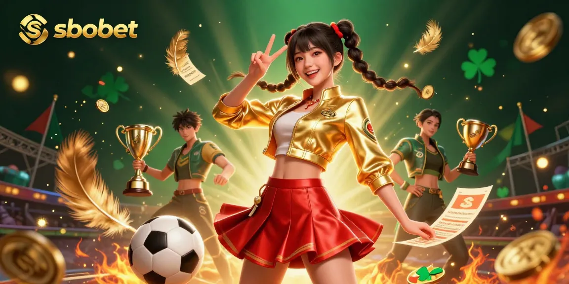 Engage in sbobet sports betting with vibrant imagery of an energetic Asian woman celebrating victory amidst trophies and soccer balls.