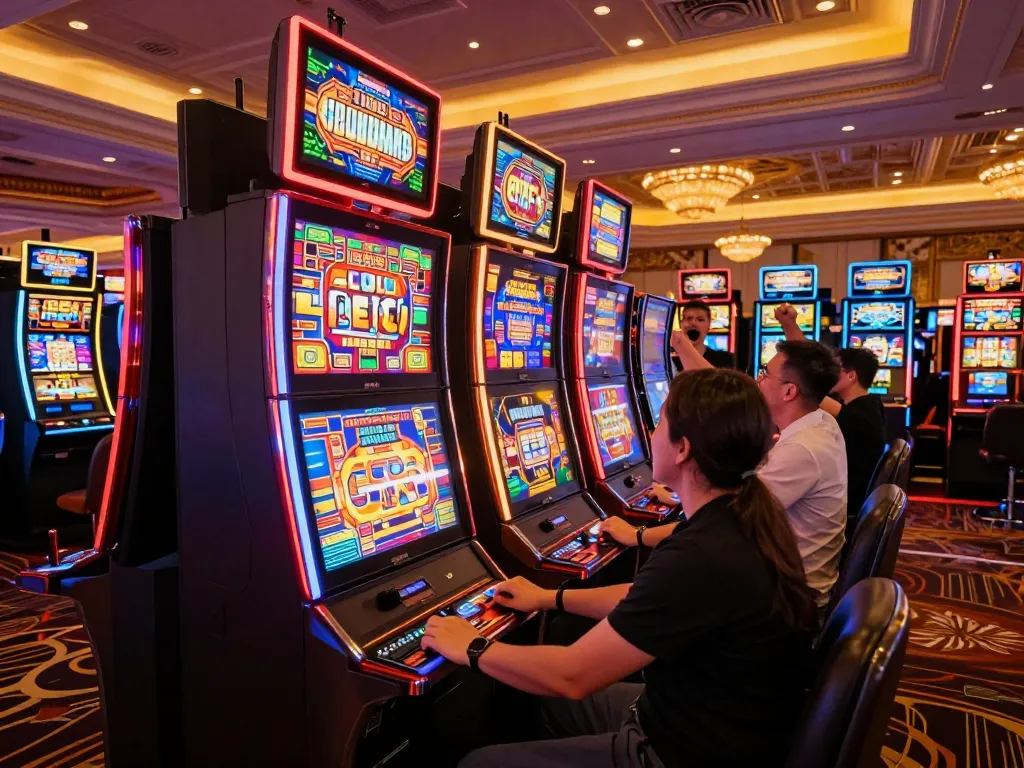 Players enjoying vibrant slot machines at aman788 casino, celebrating wins and engaging in gameplay.