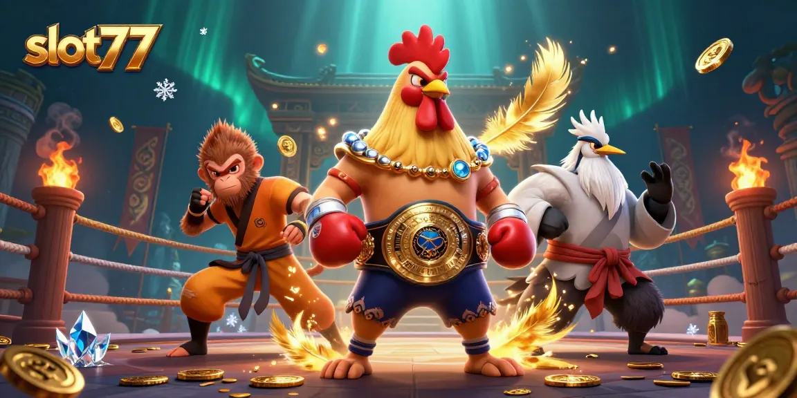 Experience excitement at slot77 with a vibrant 3D scene featuring dynamic casino characters.