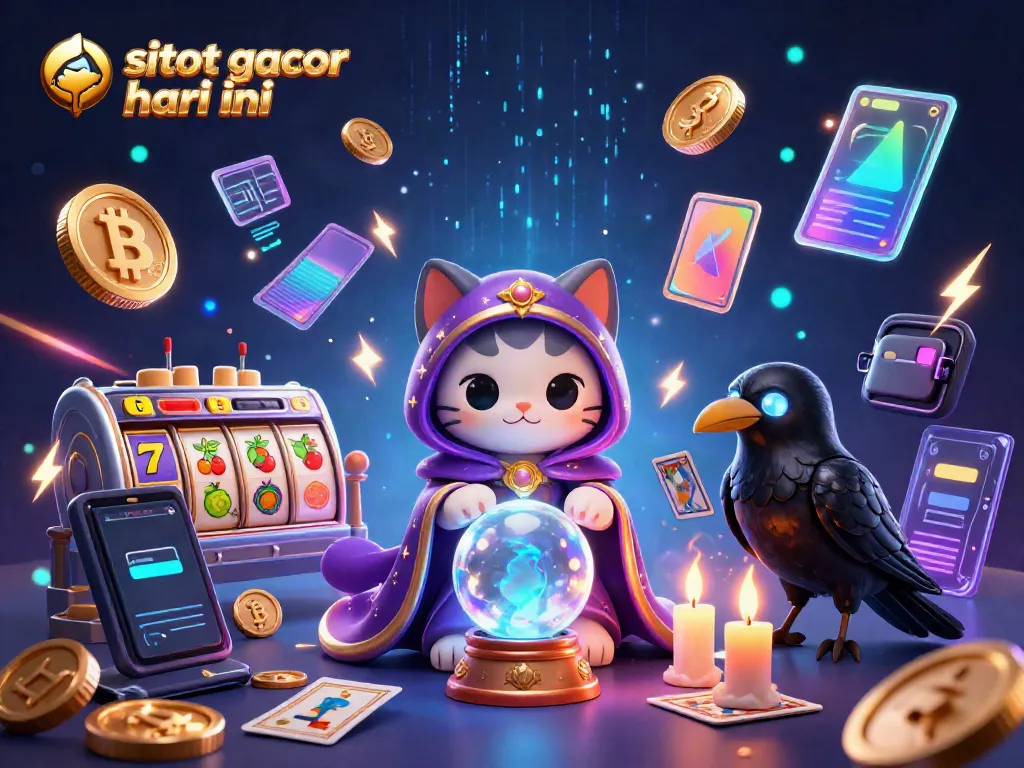 Gambar situs slot gacor hari ini menampilkan karakter kucing mistik dan burung gagak dengan elemen permainan slot bertema.