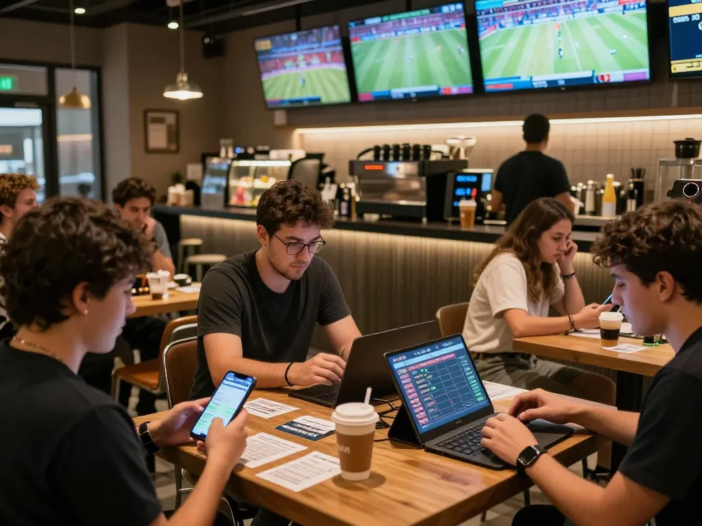 Patrons excitedly betting on MK8 sports events using mobile devices in a modern café setting