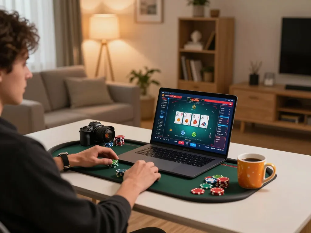 FC88 online gaming scene with a player engaged in a poker game at home.