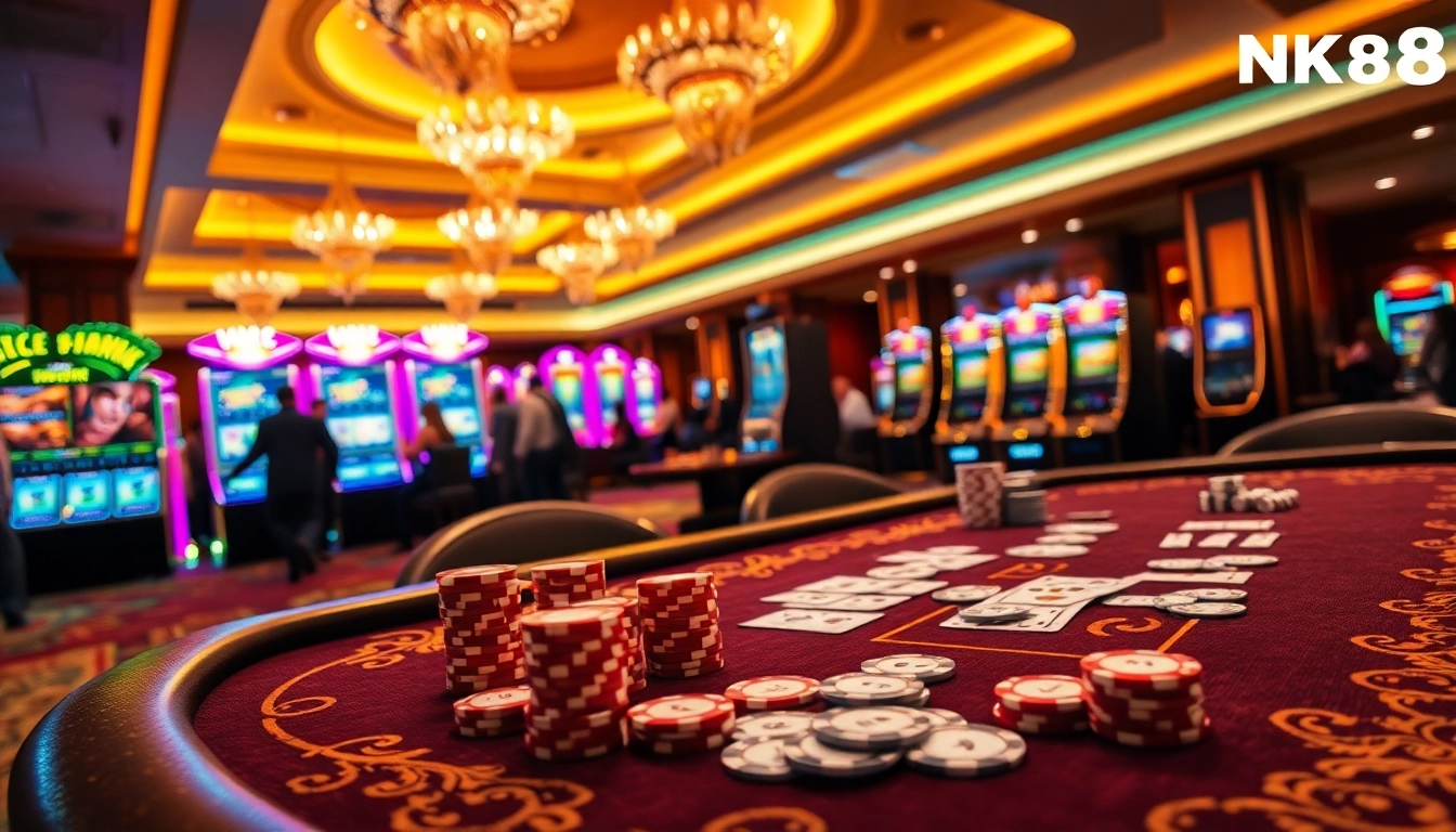 Experience high-stakes games at NK88's luxurious casino tables with vibrant action.