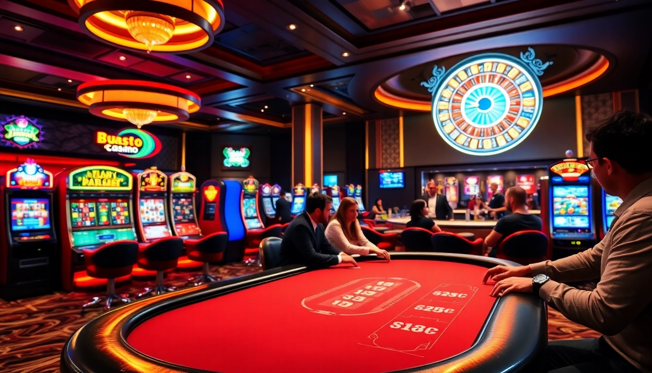 Sodocasino's thrilling gaming floor showcasing an intense poker game amidst colorful slot machines.