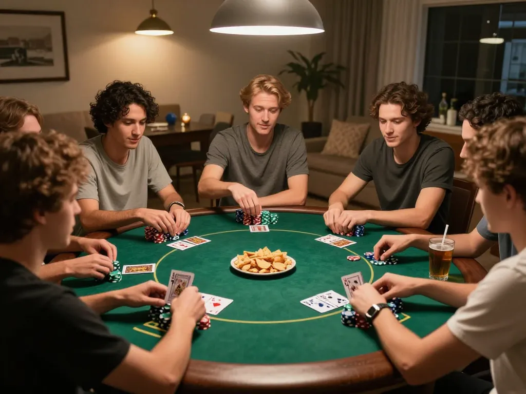Friends actively playing poker during an evening of strategic fun at home, featuring 9bet chips.