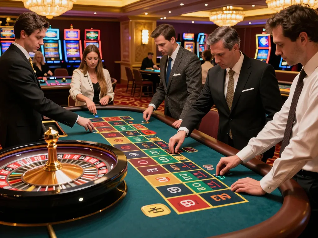 Players intently placing bets on a roulette table at a luxurious casino featuring vibrant tr88 gaming atmosphere