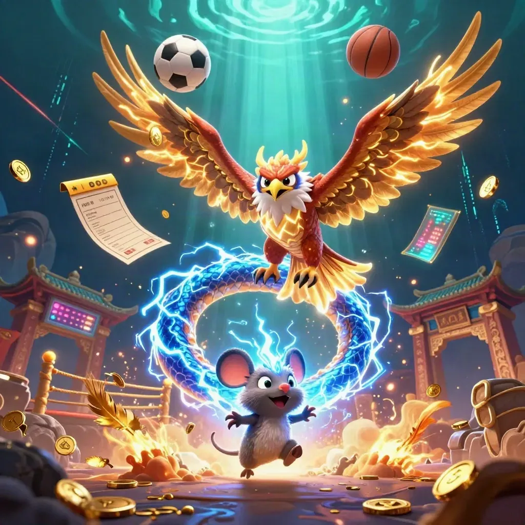 Thunder dragon, hawk and static mouse burst around balls, coins and lightning over a dark teal casino sea.