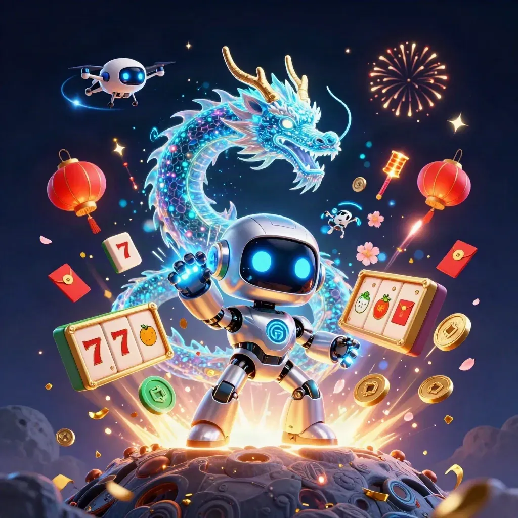 Robot, holographic dragon and coin drone explode in gold light over a dark casino moon-forge.