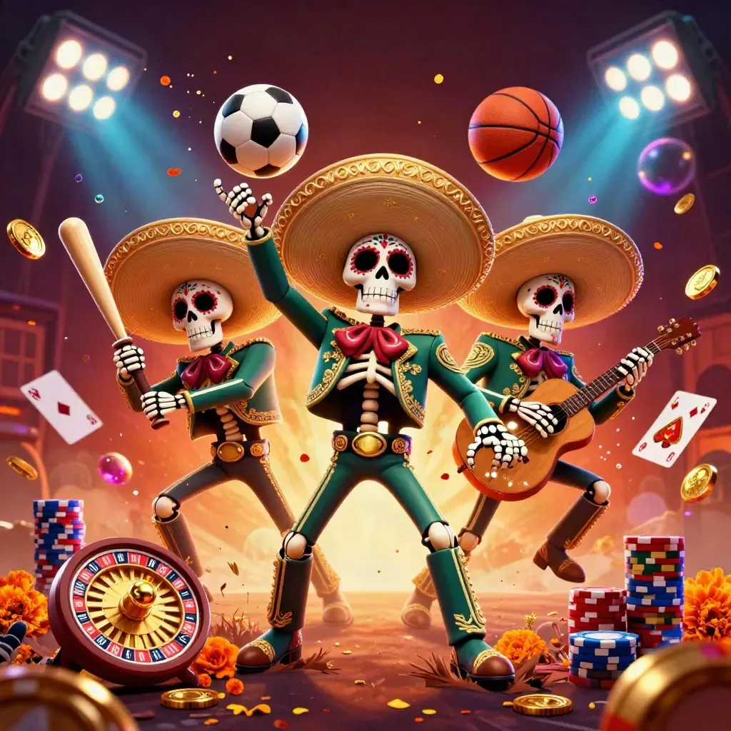 Skeleton mariachi trio in a casino-sports explosion of balls, coins, chips, and neon light.