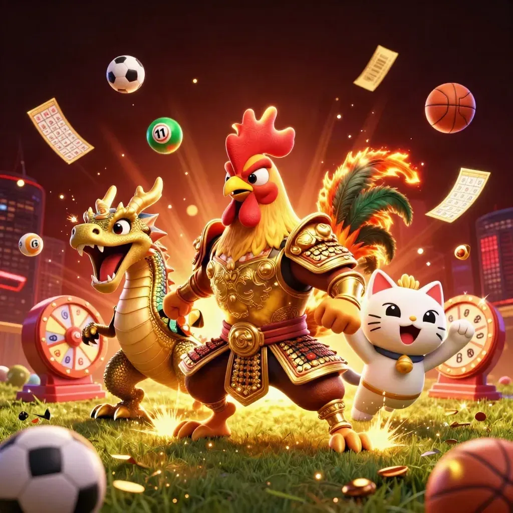 Rooster warrior, dragon hatchling and fortune cat amid casino sports props and flying lights.