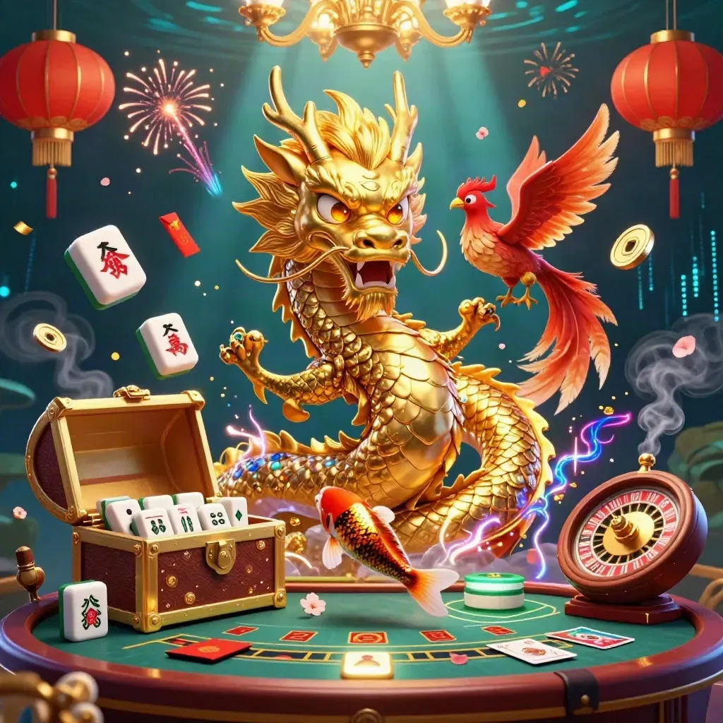 Golden dragon with phoenix and koi amid luxe casino symbols in teal, gold, and emerald.