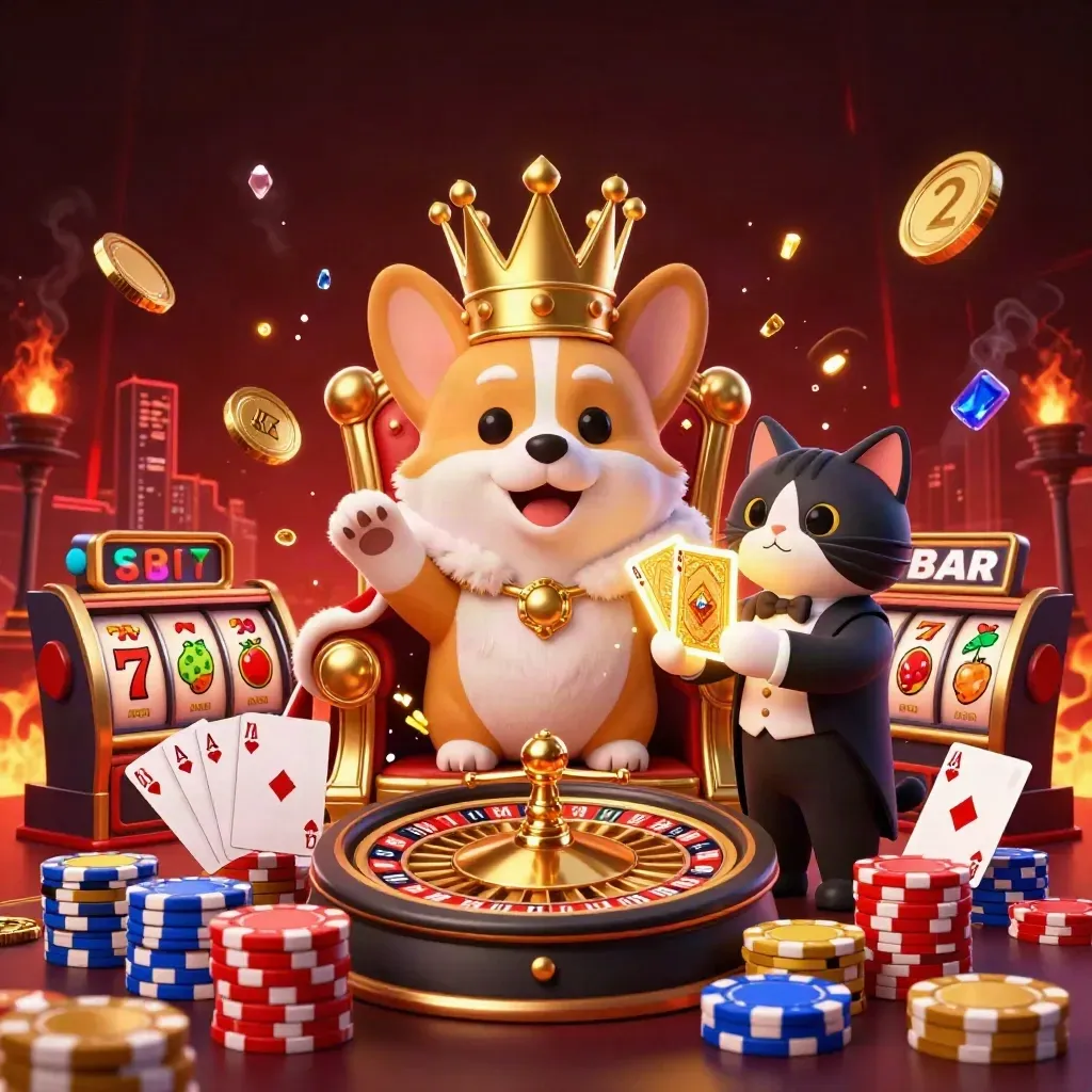 Royal corgi king and cat butler amid chips, coins, gems, roulette wheel, and casino cards.