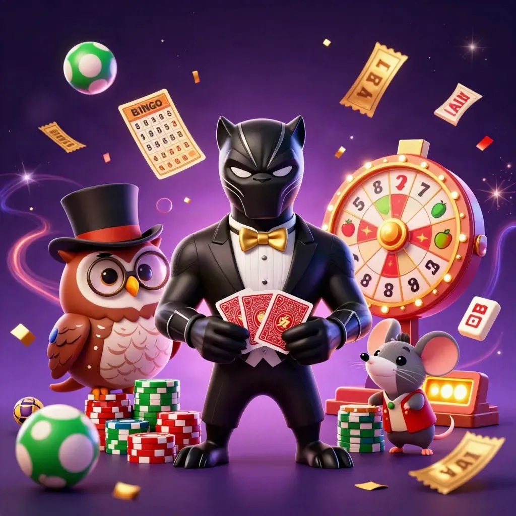 Panther, owl, and mouse amid casino chips, balls, tickets, wheel, and glowing slot symbols