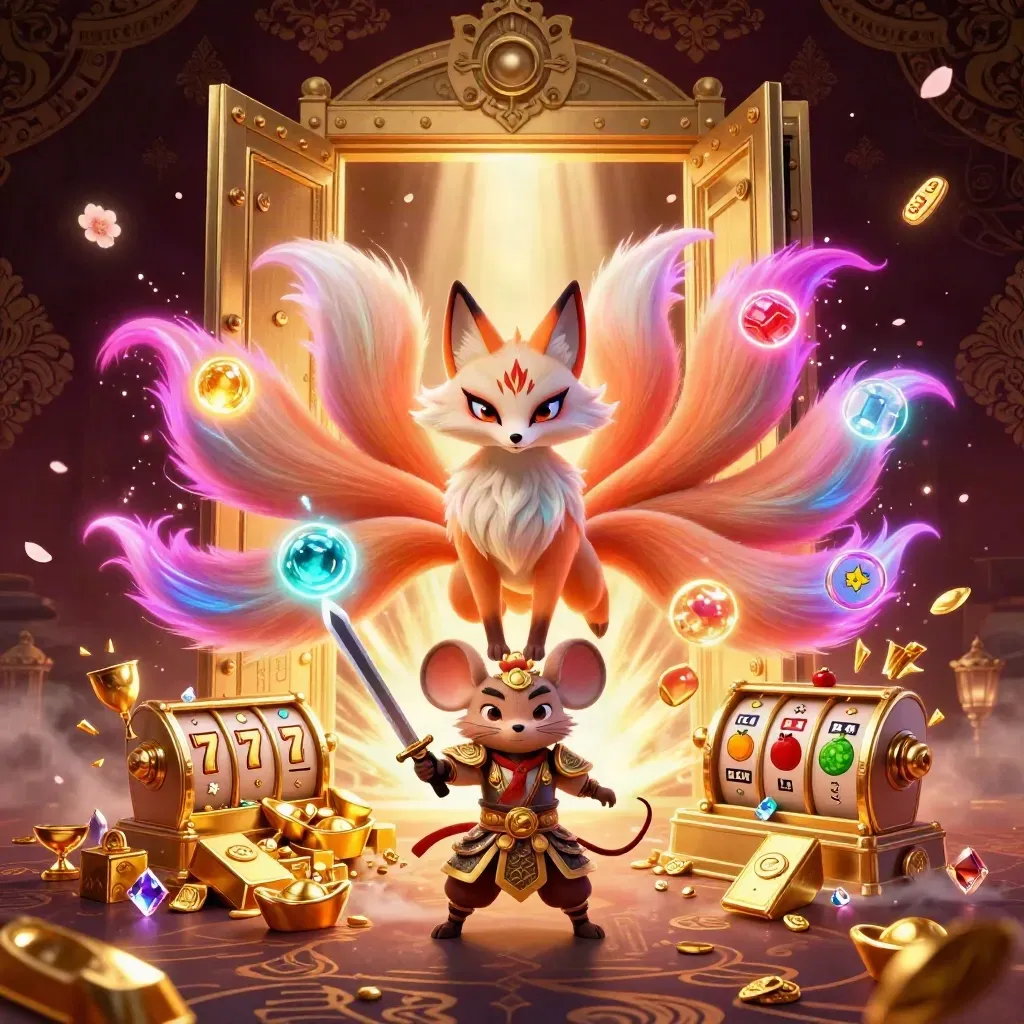 Fox spirit and armored mouse burst from a treasure vault amid gold, gems, petals, and neon magic.