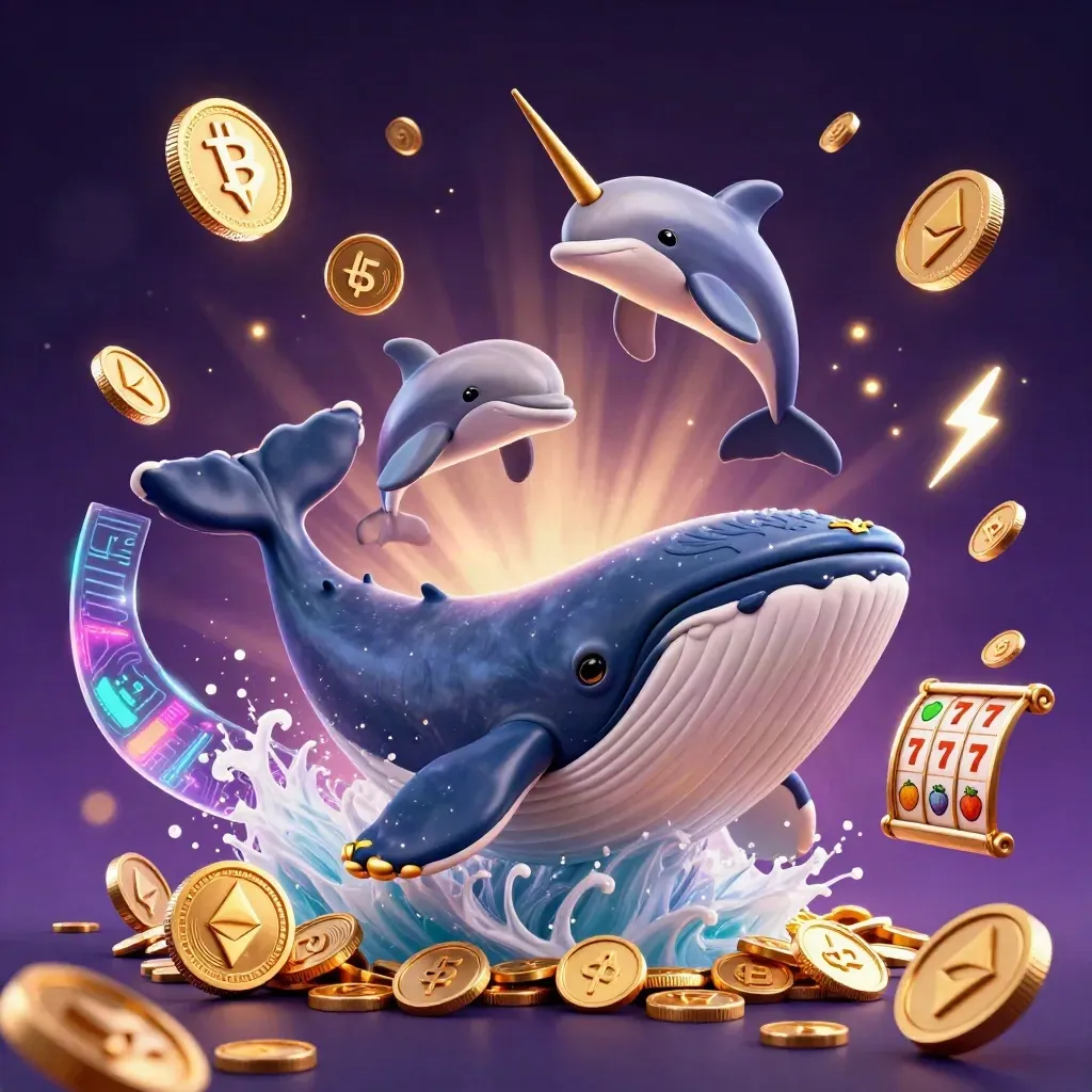 Whale captain, narwhal and dolphins burst through coins in a premium casino splash.