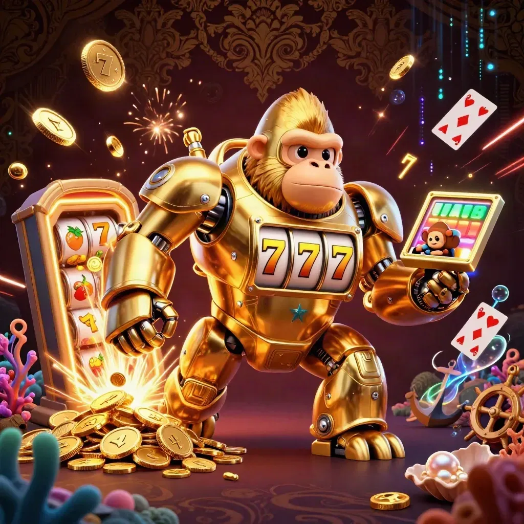 Golden gorilla mech with monkey pilot amid coin bursts, coral, cards, and fireworks in a luxe casino scene.