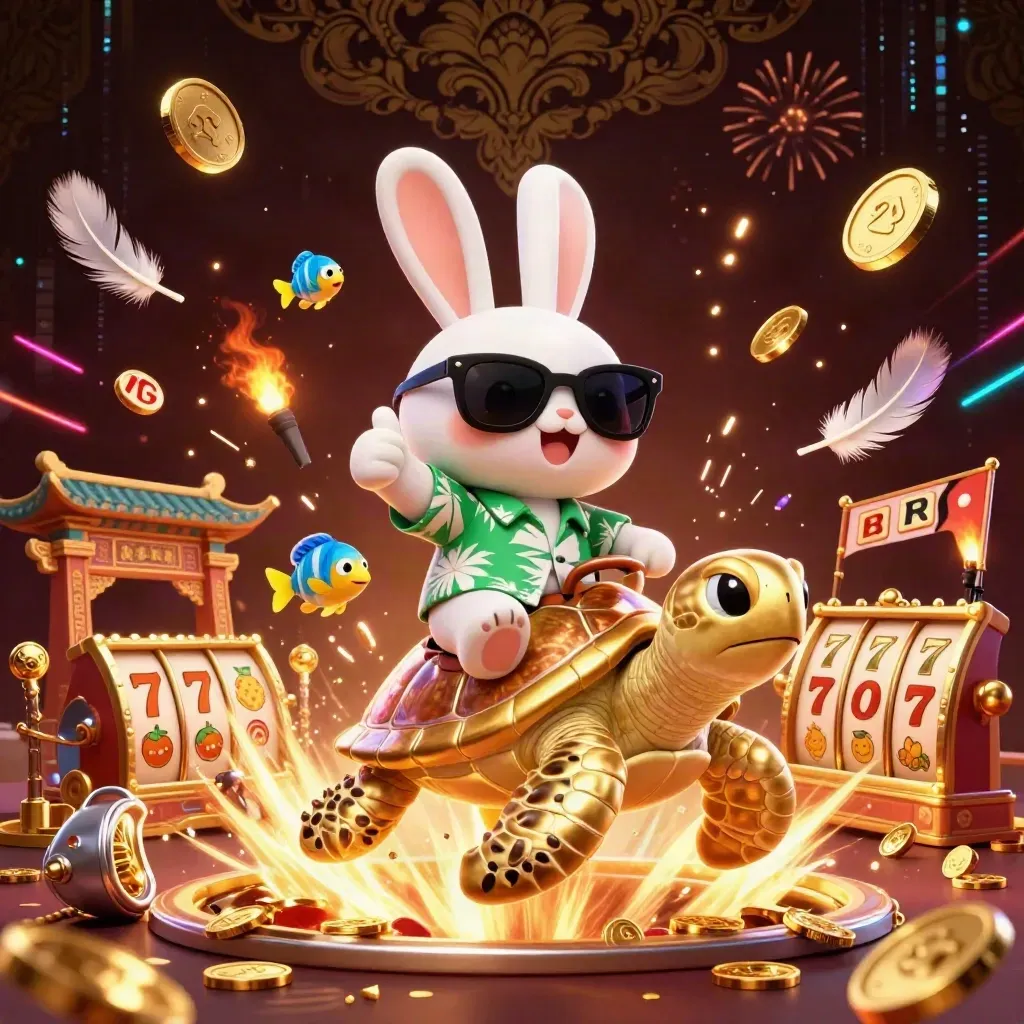 Lucky rabbit on a golden sea turtle amid coins, temple gate, fireworks, and casino magic.