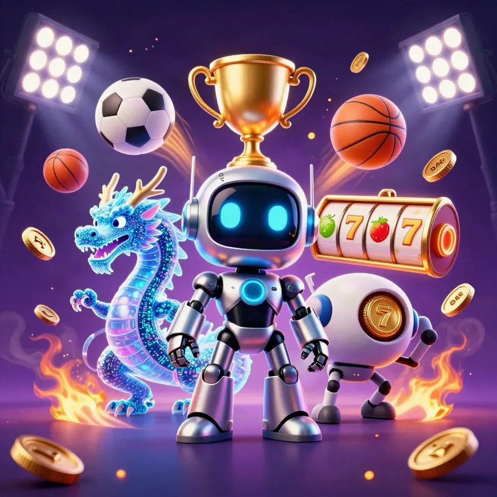 Chrome robot, holographic dragon and coin drone amid casino lights and floating sports balls