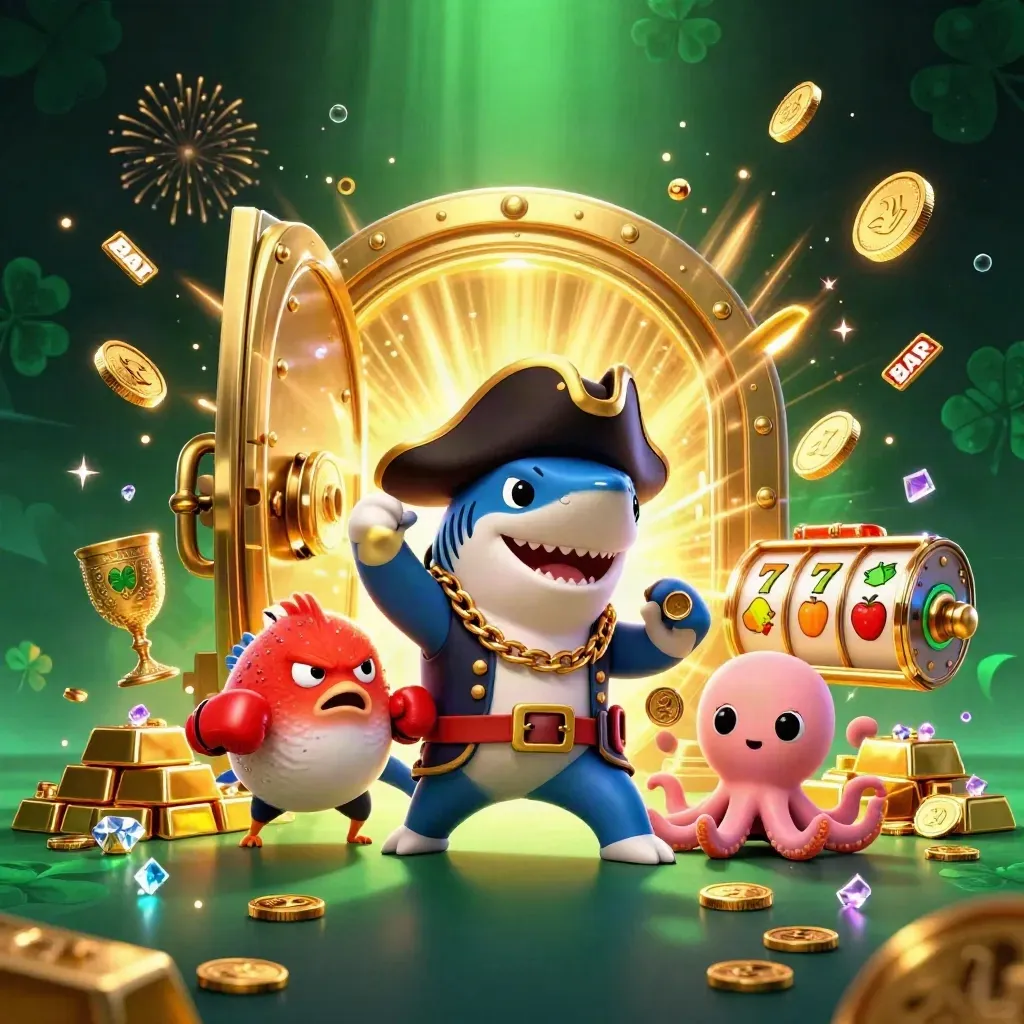 Pirate shark, boxing pufferfish and juggling octopus erupt from a glowing vault with coins, gems and fireworks.