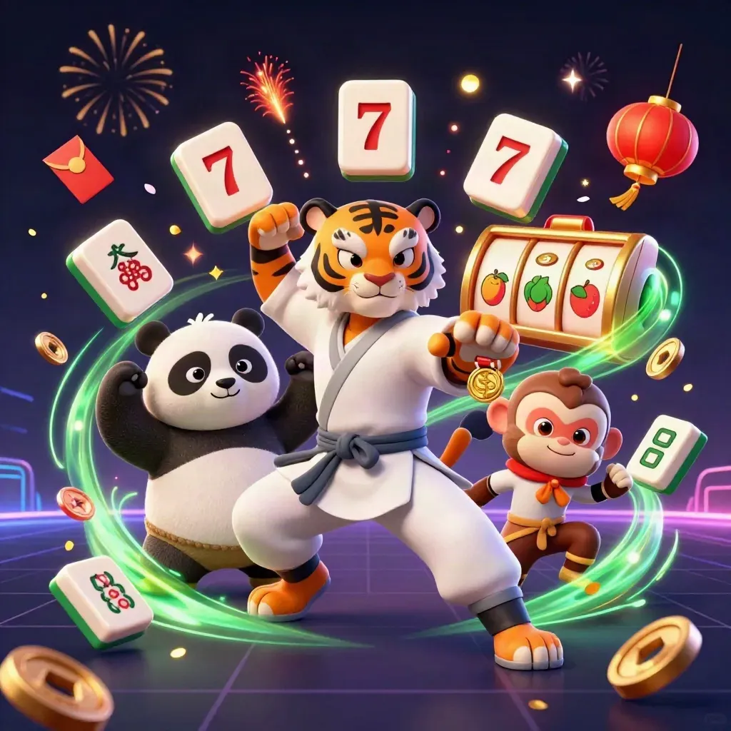 Kung-fu tiger, panda and monkey amid casino luck icons on a neon grid.