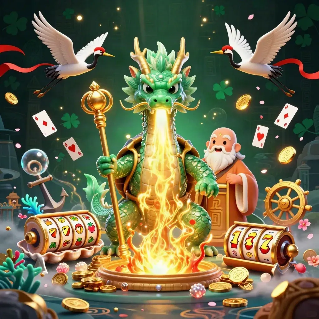 Emerald dragon, turtle sage, and cranes amid casino treasure and glowing slot symbols.