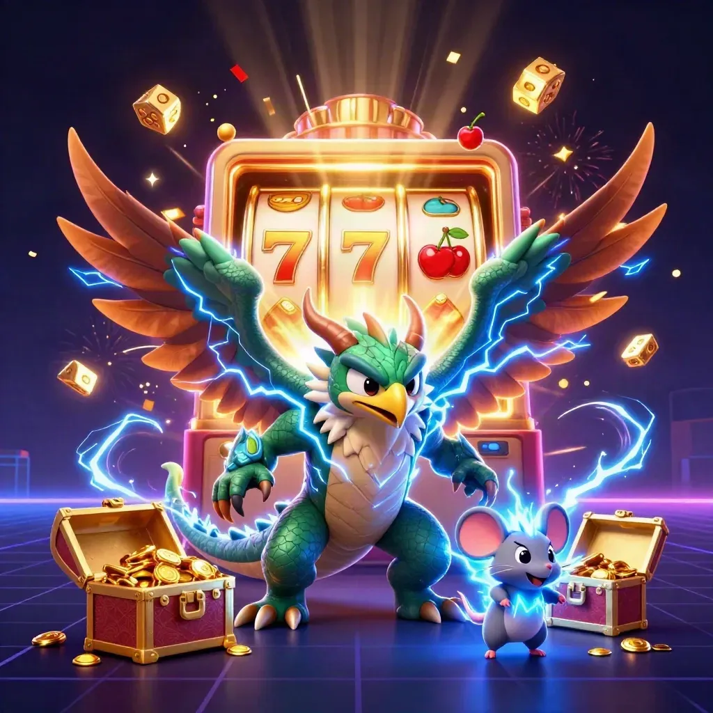 Thunder dragon, wind hawk, and static mouse amid slot symbols, gold dice, and a jackpot chest.