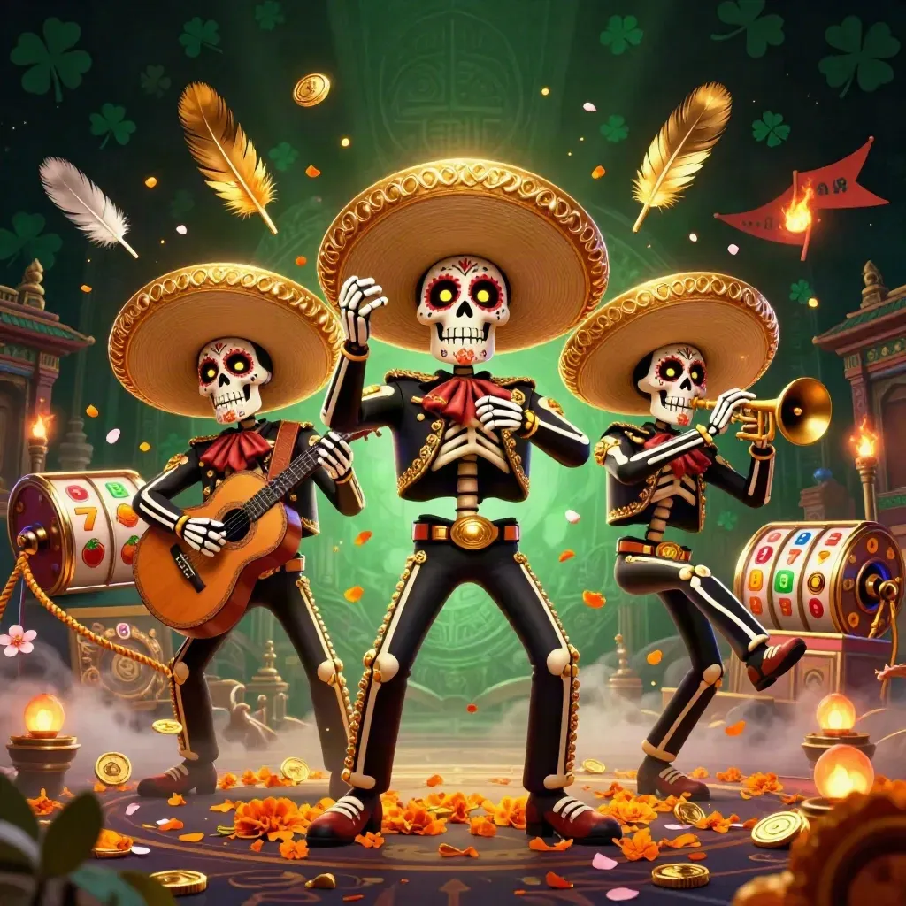 Three skeleton mariachi performers amid casino reels, coins, petals, fog, and temple-gate lighting.
