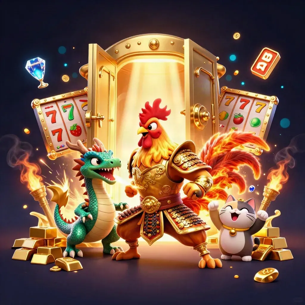 Rooster warrior, dragon hatchling, and fortune cat amid vault gold and casino sparks.