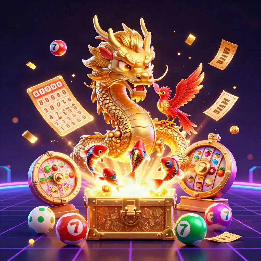 Golden dragon with phoenix and koi amid casino reels, lottery balls and jackpot sparks