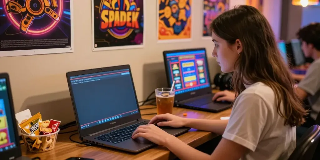 A young woman enjoying akunjp online slot games on her laptop in a cozy setting.