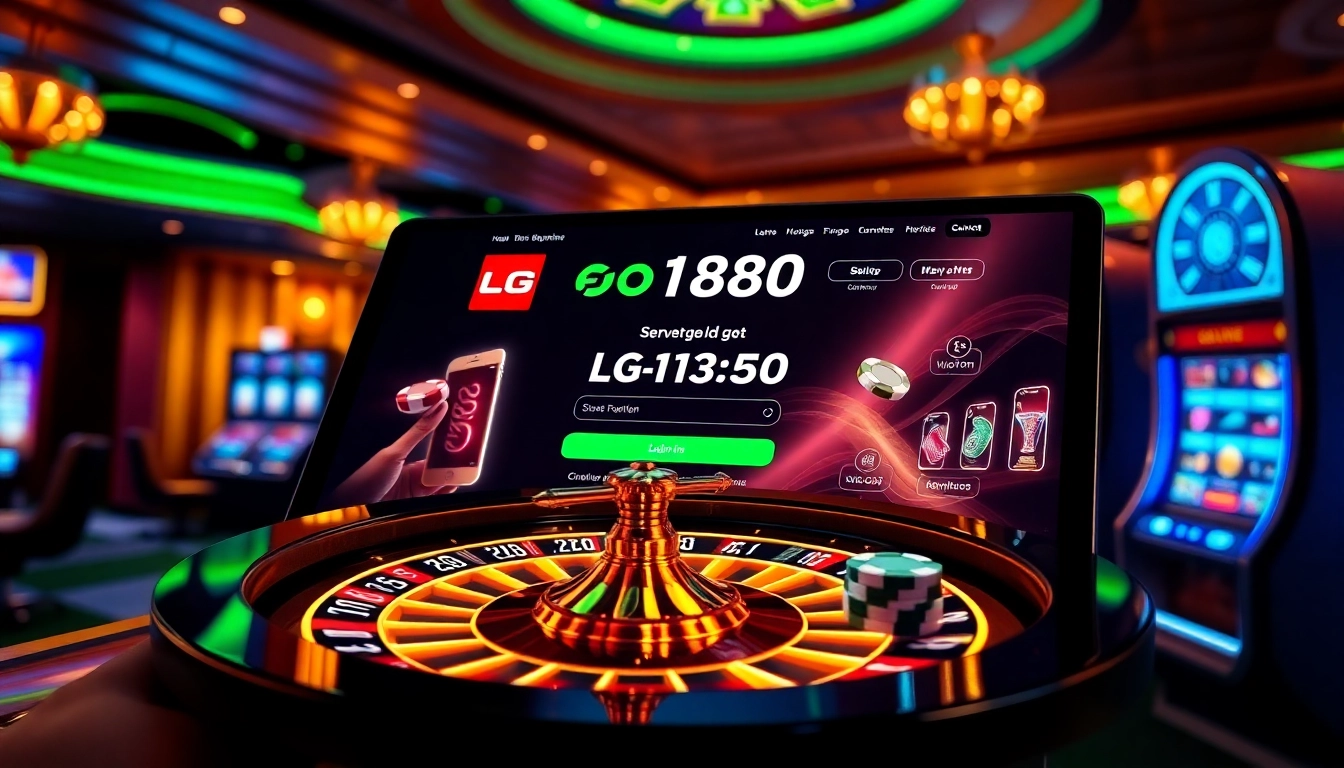 Experience the thrilling lego138 login on a luxurious online gaming platform, featuring vibrant roulette and poker elements.