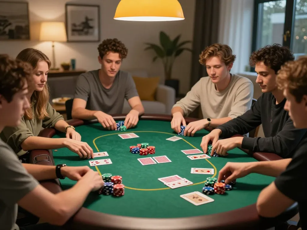 du88 players engaging in competitive poker night with colorful chips and cozy home atmosphere.