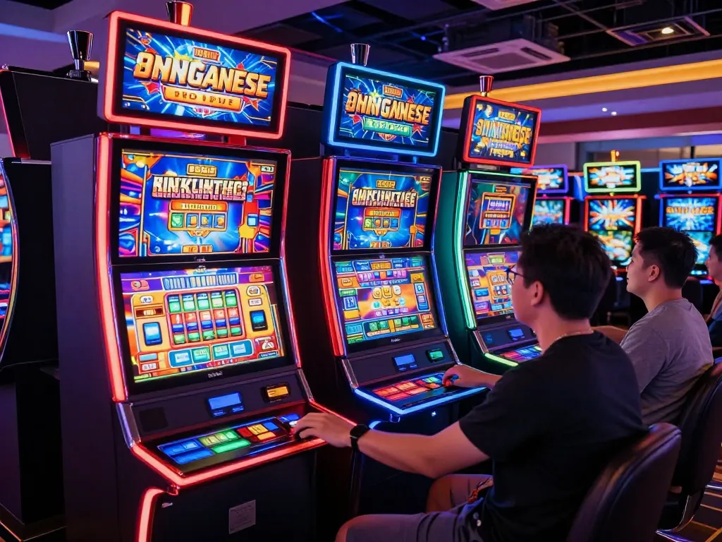Players enjoying vibrant slot machines at 789club casino, capturing exciting gaming moments.