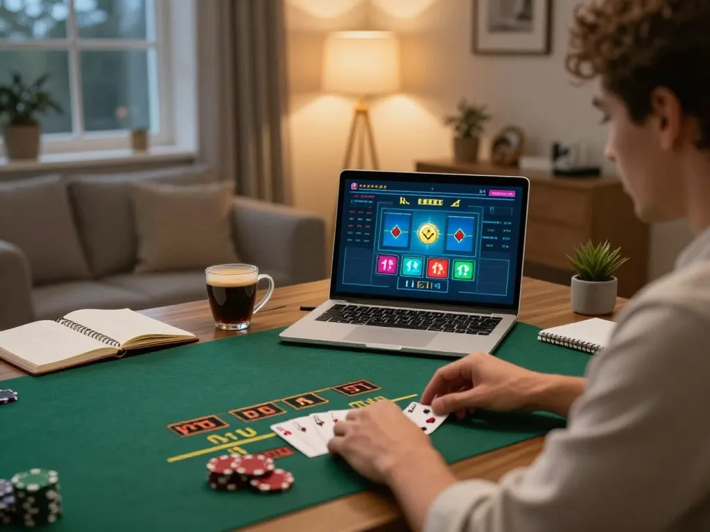 X88 player enjoying live dealer blackjack online from a stylish home office, showcasing strategic gaming.