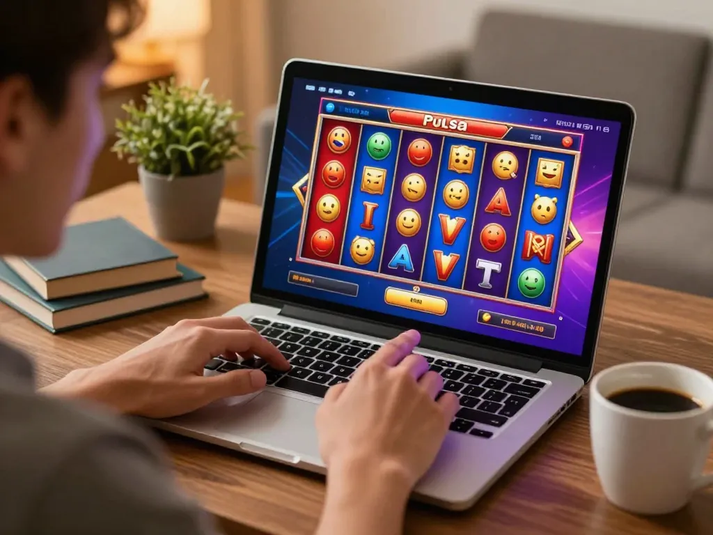 Bermain game slot pulsa online di rumah, pemain fokus pada putaran yang menang.