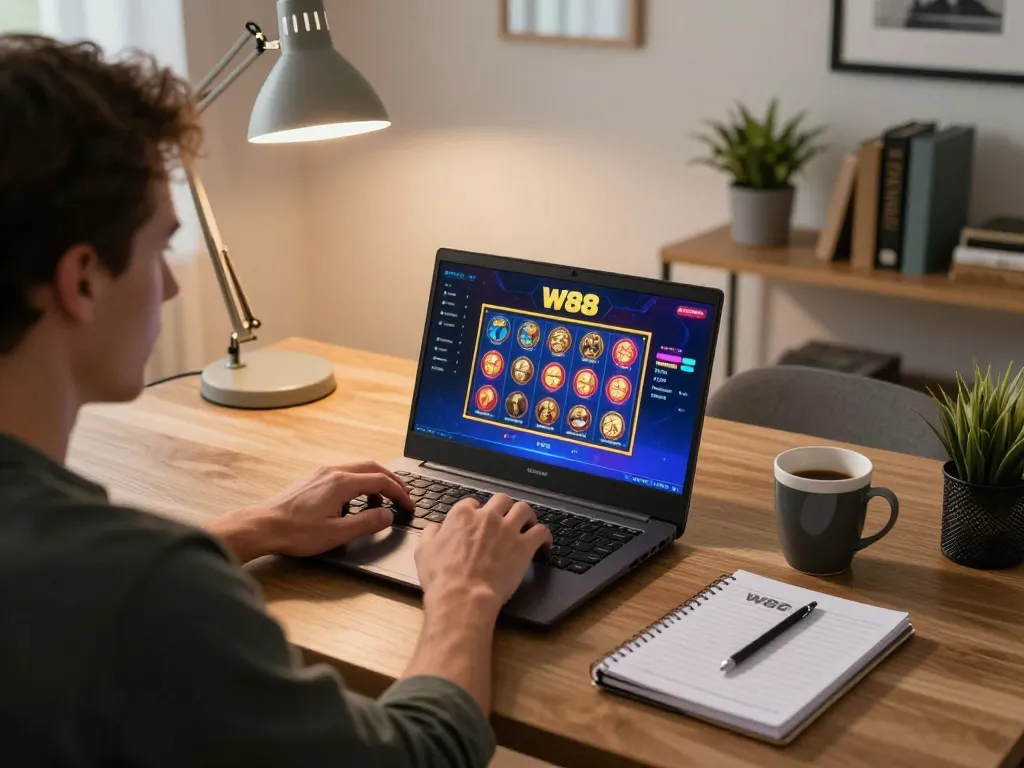 Engaged player enjoying W88 slot games on laptop, home gaming setup reflecting excitement