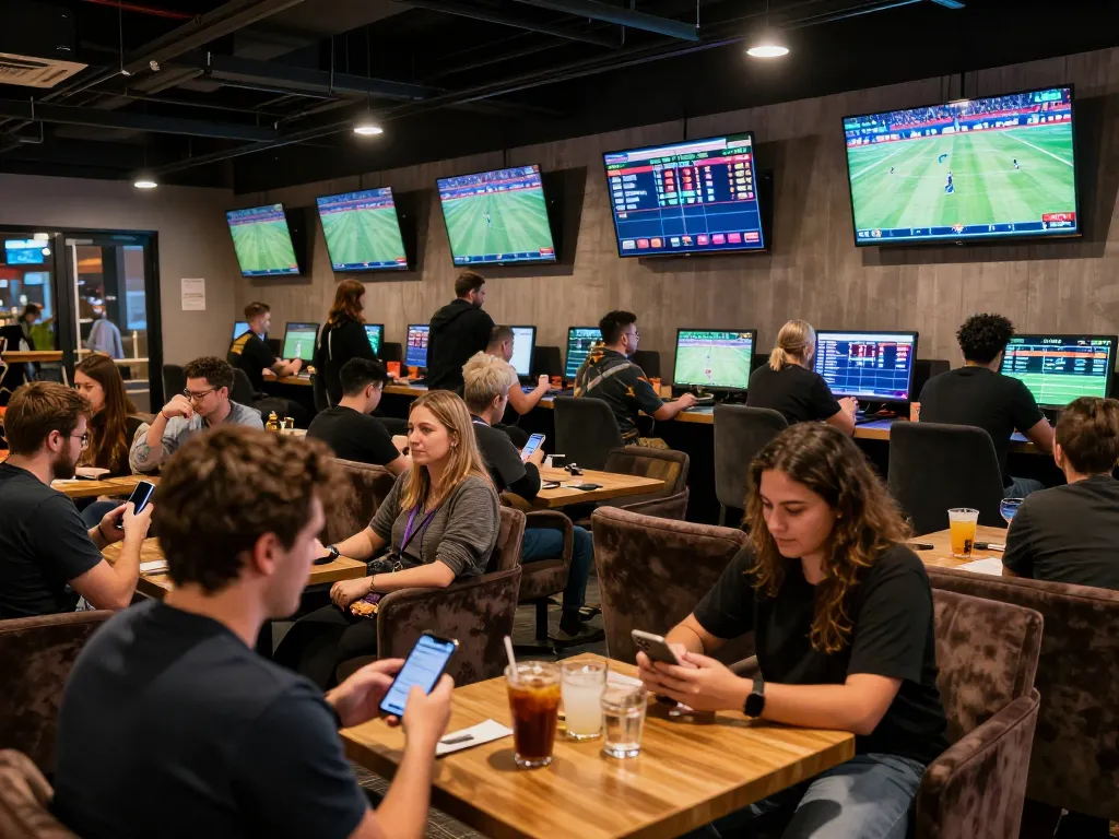 Excited bettors analyzing betting options at MMOO's lively sports betting lounge.