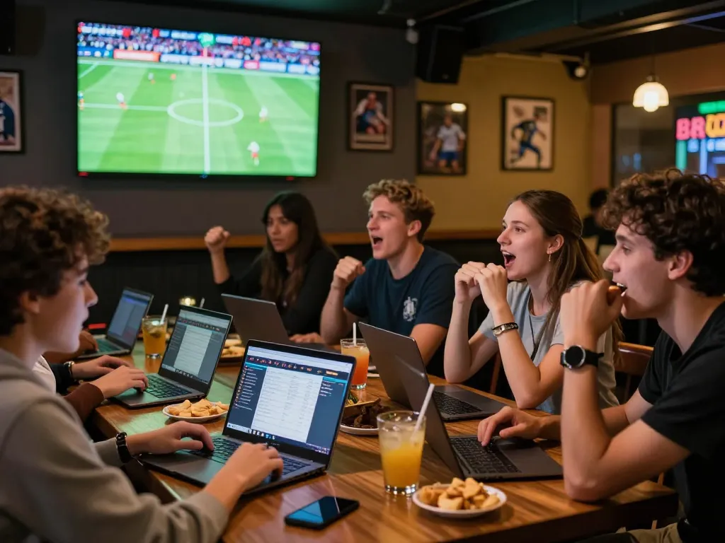 SBOBET88 enthusiasts enjoying an exciting betting experience in a vibrant sports bar.