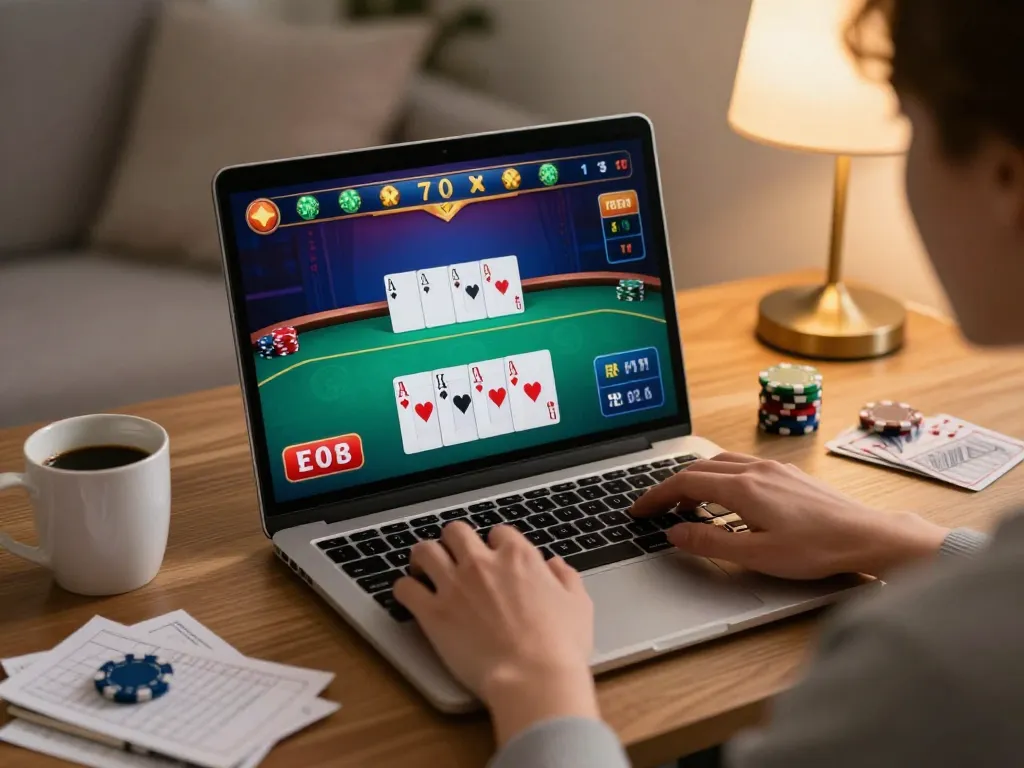 Engaging online gameplay at home using aa88 platform with vibrant poker interface on screen.