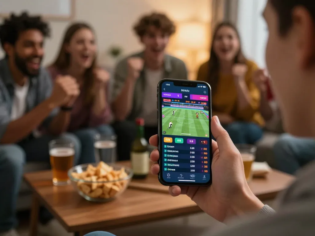 Place live bets using nhà cái 789bet app during a live match with friends cheering