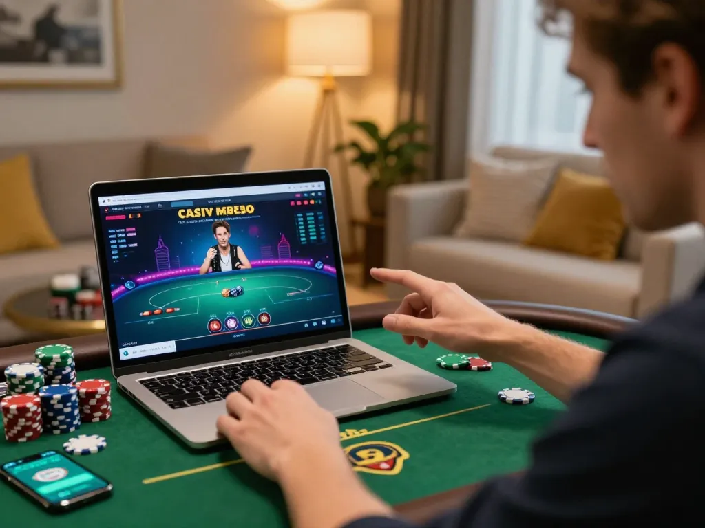 Engaging online poker gameplay showcasing trang chủ shbet with chips and laptop connection.