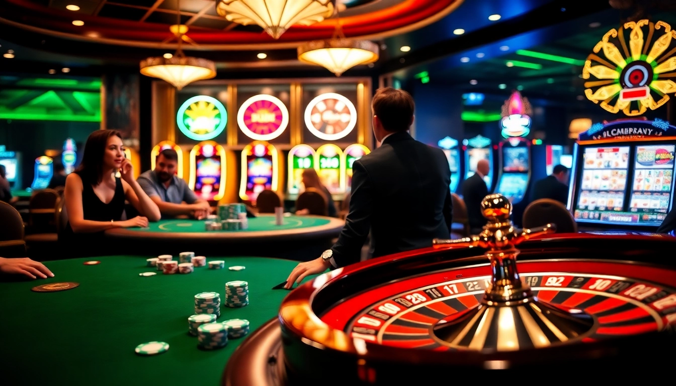 Players enjoying games at hb88 casino, showcasing poker chips and slot machines in an elegant setting.