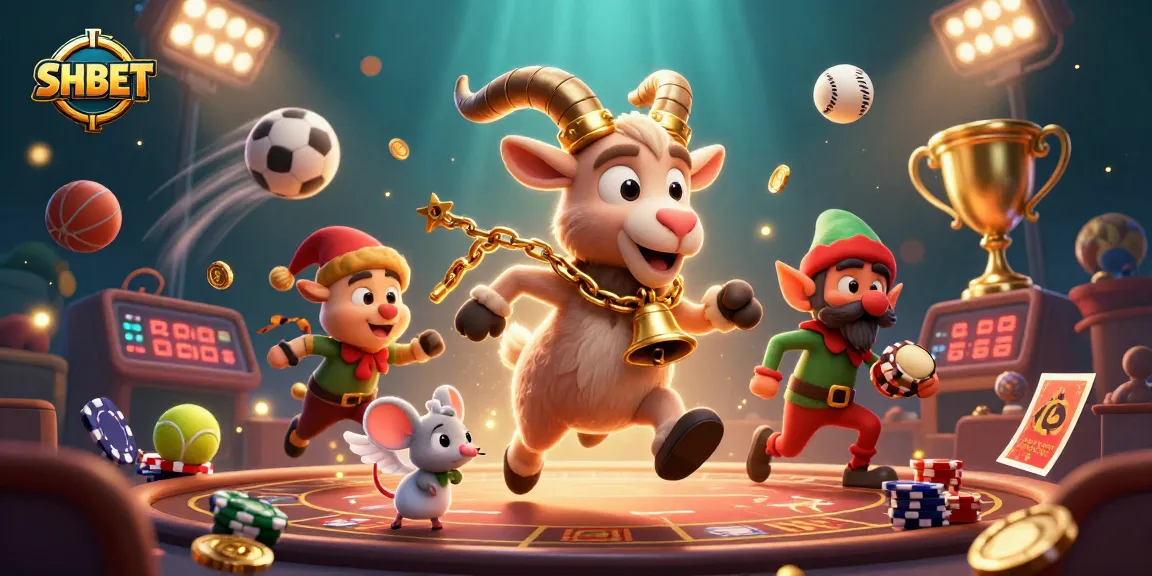 Experience thrilling betting action at SHBET with festive casino characters and dynamic sports elements.