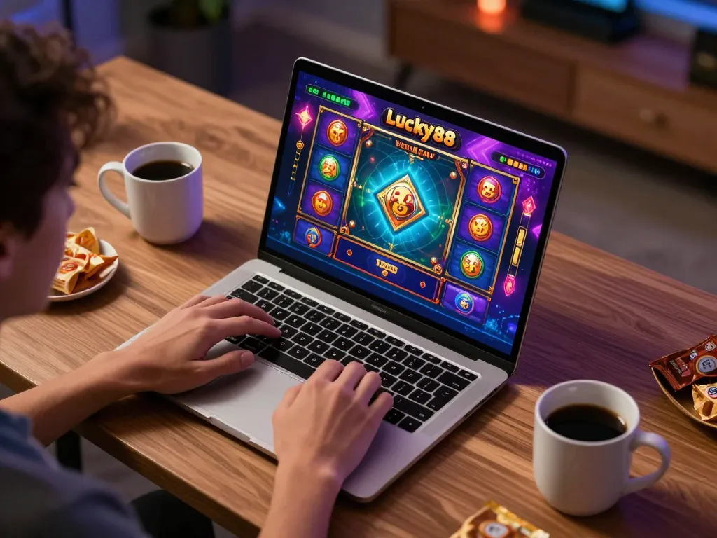 Engaged player enjoying lucky88 slots on a laptop in a cozy gaming setup.