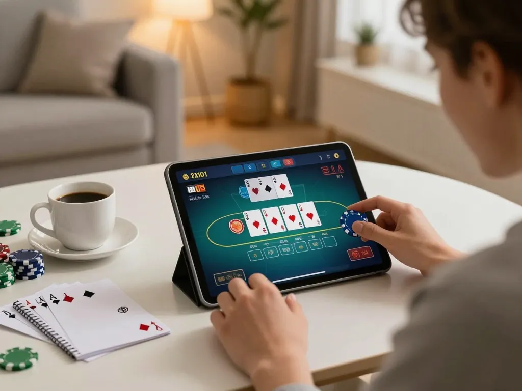 Player engaging with the rikvip poker game on a tablet in a cozy home setting.