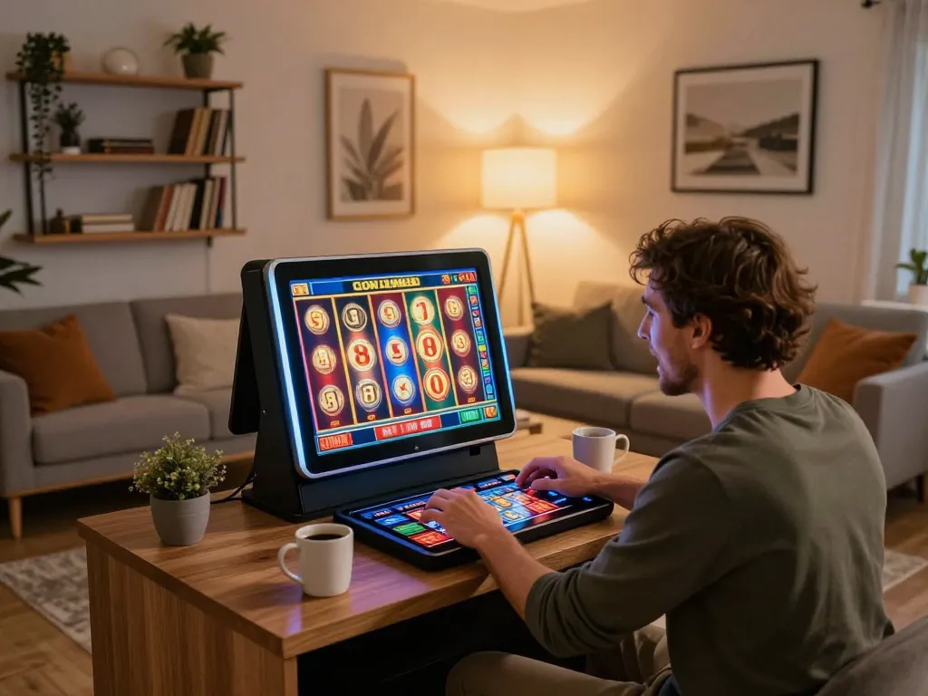 Orang berinteraksi dengan aplikasi mesin slot pakibanks di tablet, merasakan kegembiraan permainan yang mendebarkan.